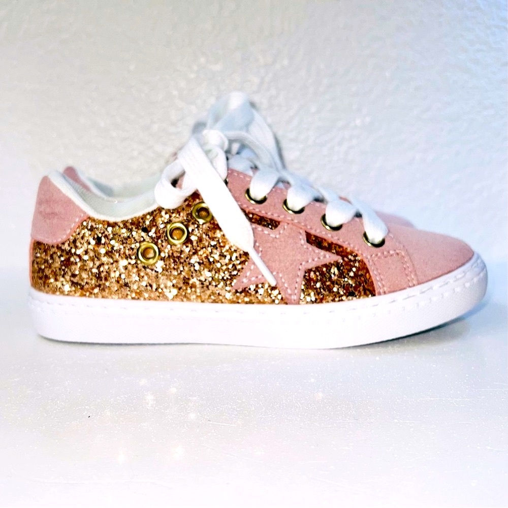 ♥️HP HOO Mia Star Glitter Sneakers Sz 11 Rose Gold Pink Easy Zip & Velcro NWOT